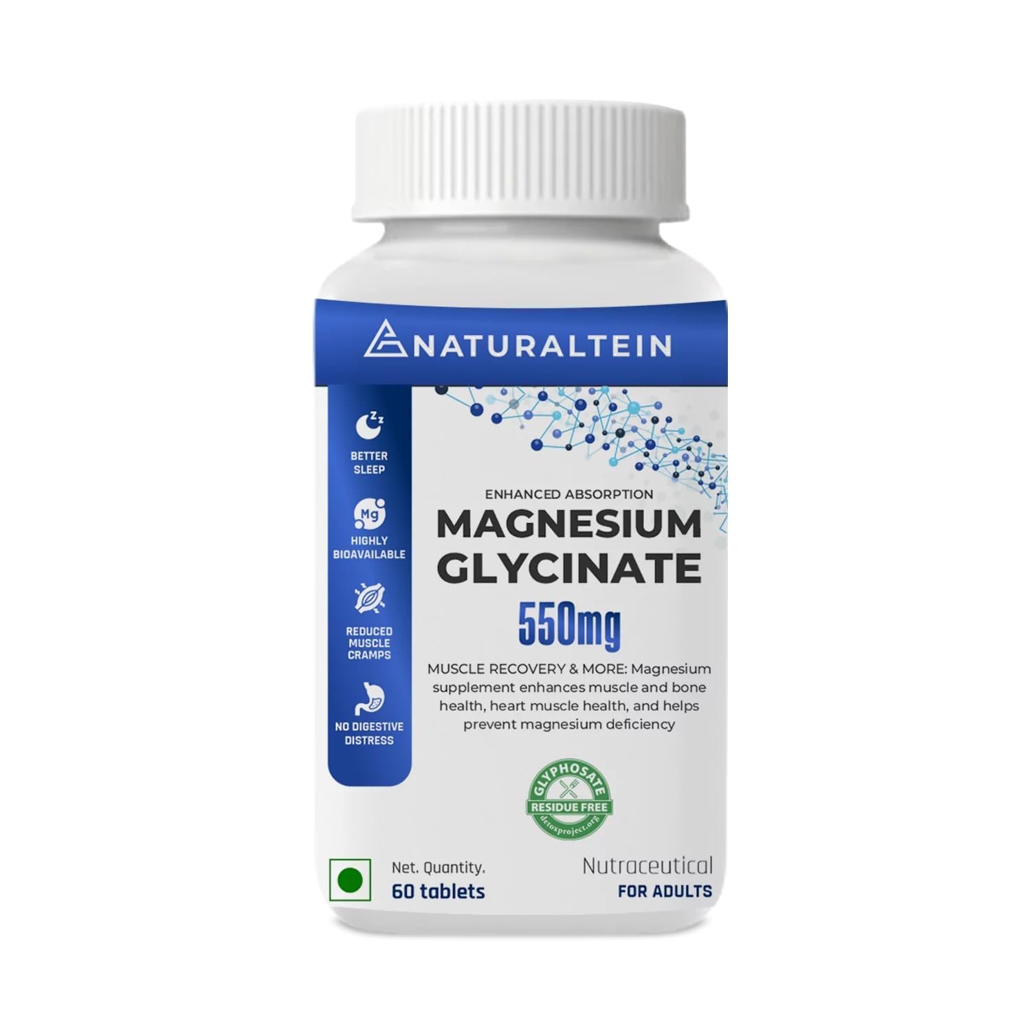 NATU.RALTEIN – Magnesium Glycinate Supplement - 121 mg Elemental Magnesium, 555 mg Once Daily for Women and Men - Pure Chelated Bisglycinate for Good Health and Sleep