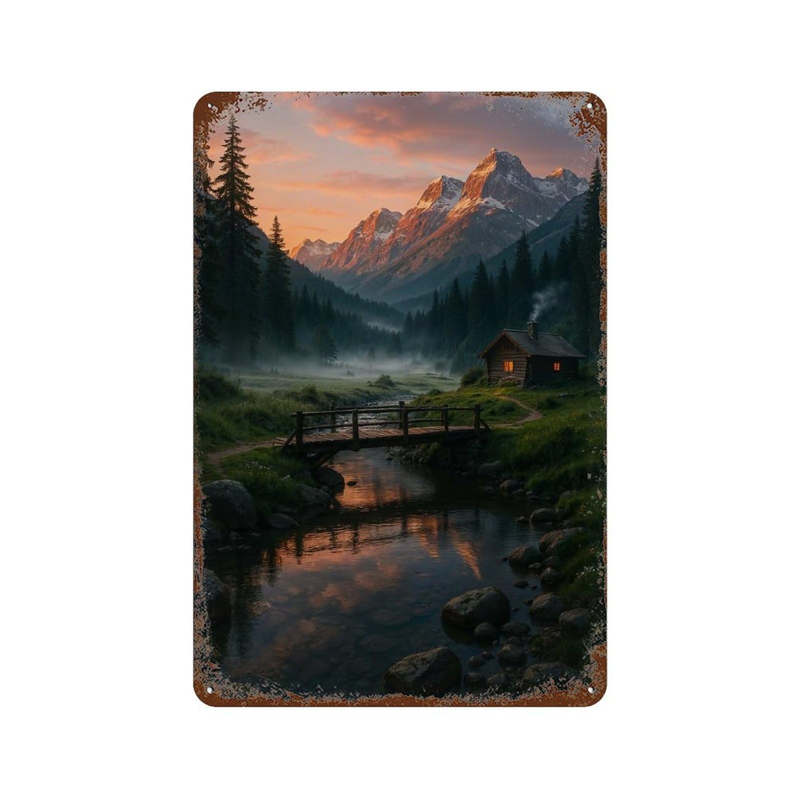 Mountain Cabin at Sunset Decorative Tin Sign 11.8"x7.9", Vintage Wall Decor for Basement, Hobby Room And Garage Decor