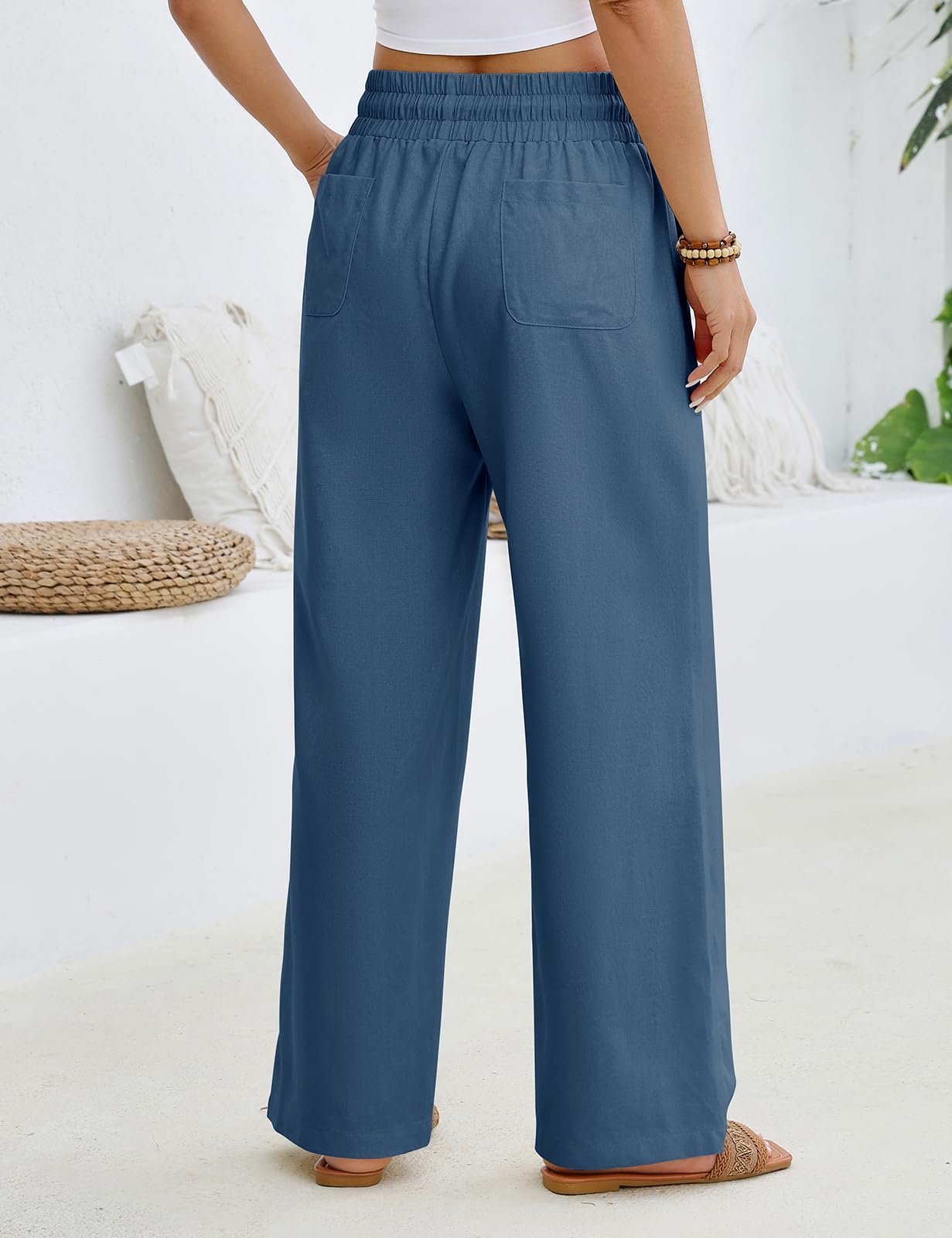 Pantaloni Lino Donna Estivi Pantaloni Larghi Leggeri Comodi Vita Alta Pantaloni Solido Sciolto Gamba Larga con Tasche