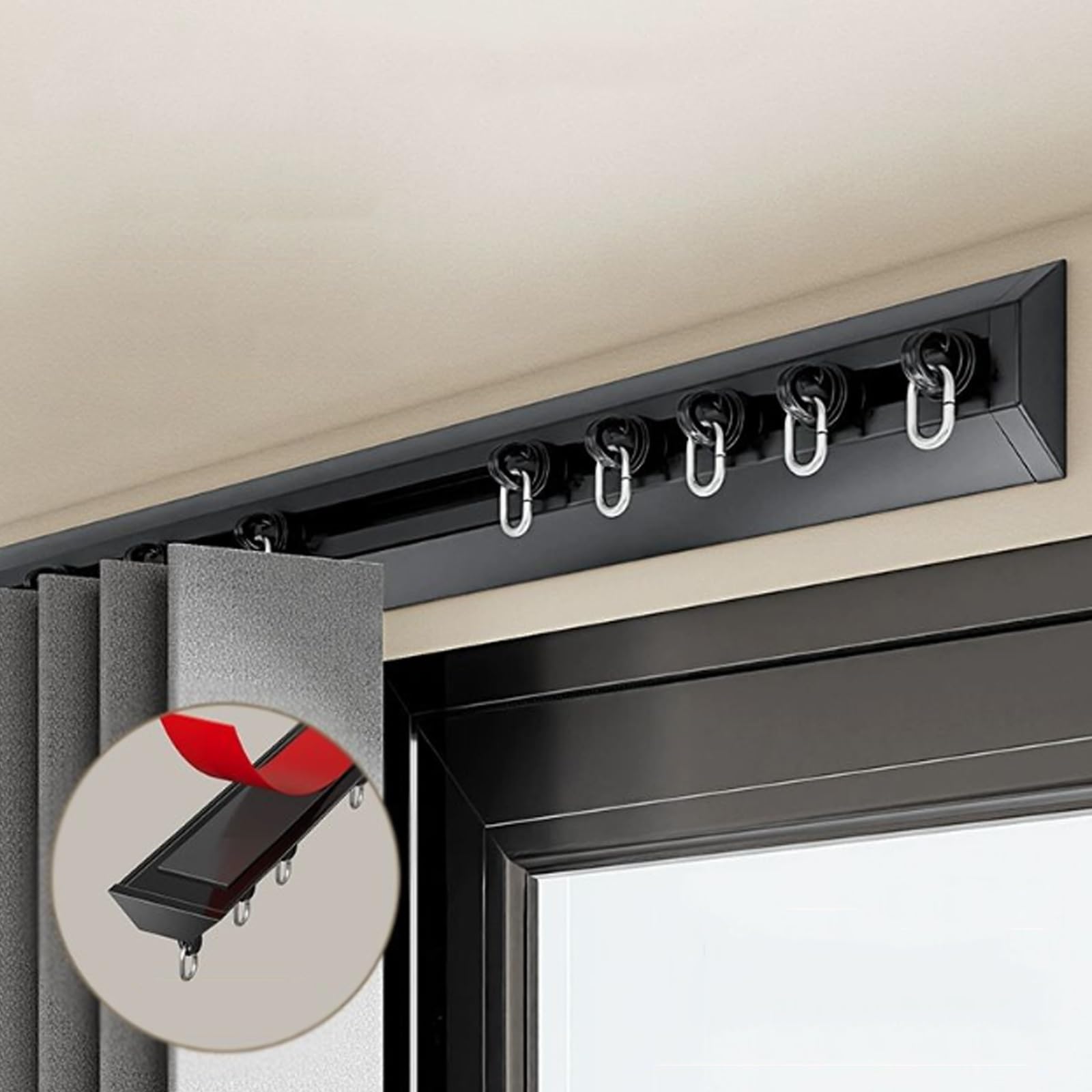 Tringle à rideau autocollante sans perçage pour plafond ou mur - Tringle à rideau adhésive de 5 m - Facile à installer - Noir - Parfaite pour la décoration de la maison