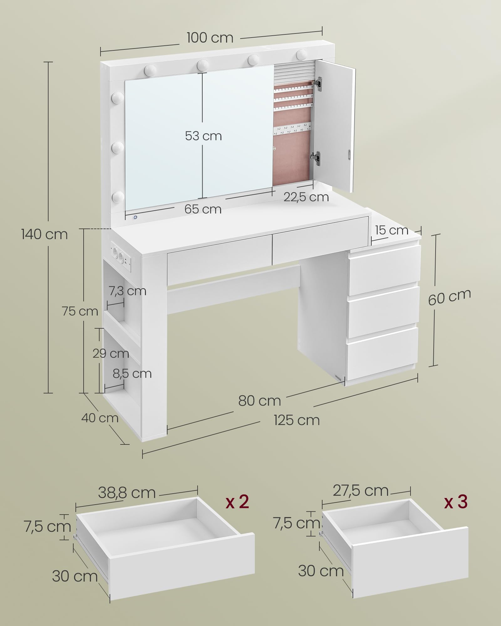 VASAGLE Kailyn Kollektion - Schminktisch mit LED-Beleuchtung, Frisiertisch mit Spiegel, Steckdosenleiste, 40 x 125 x 140 cm, Kosmetiktisch mit Schubladen, wolkenweiß RDT127W01