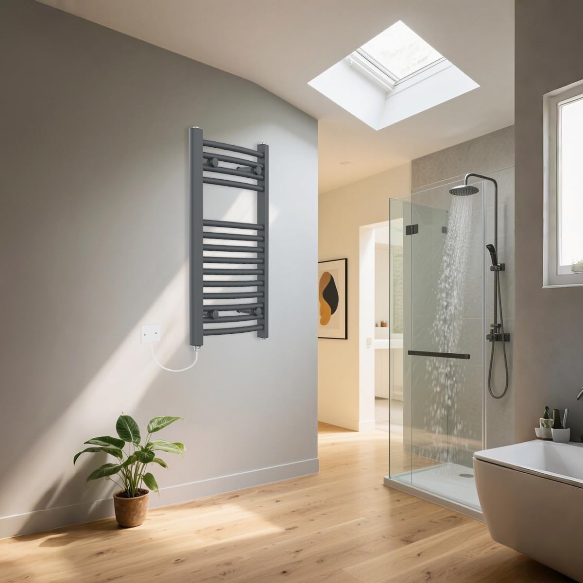 Warmehaus Anthracite Curved Electric Heated Towel Rail 700X400mm Manual Bathroom Ladder Radiator - 300W