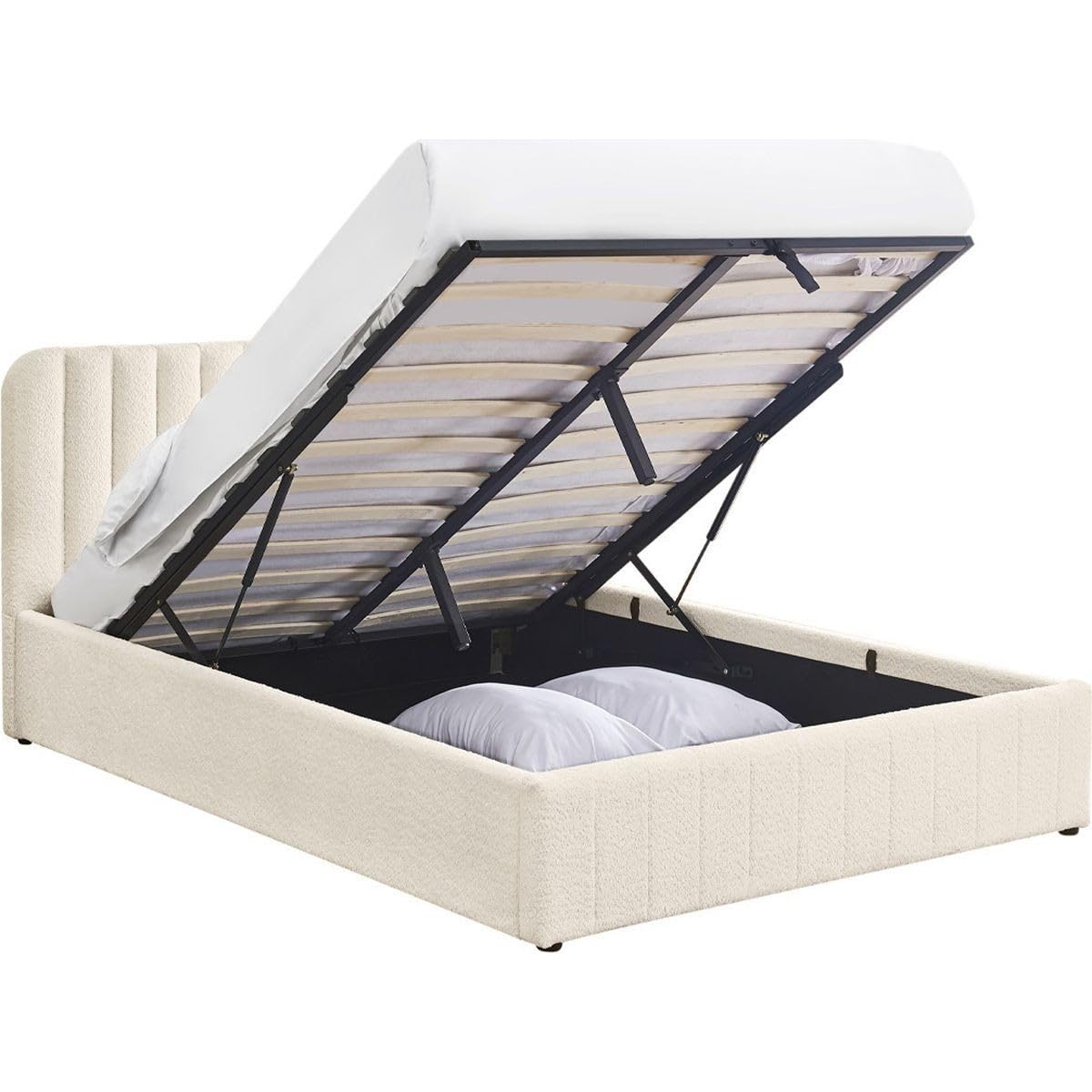 HOMIFAB Ensemble Lit Coffre Adulte 140x190cm avec tête de lit en Tissu bouclé Beige - Ava + Matelas Ressorts ensachés - Spring Elite