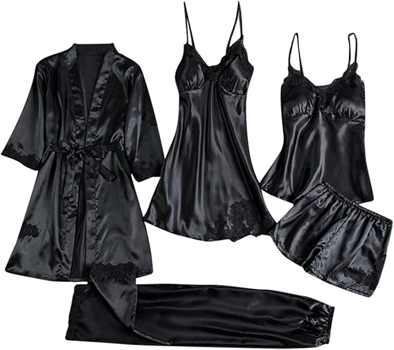 Sexy Gothic Clothes for Women Lingerie Pajama with Robe Set Sleepwear Nightwear Satin Silky