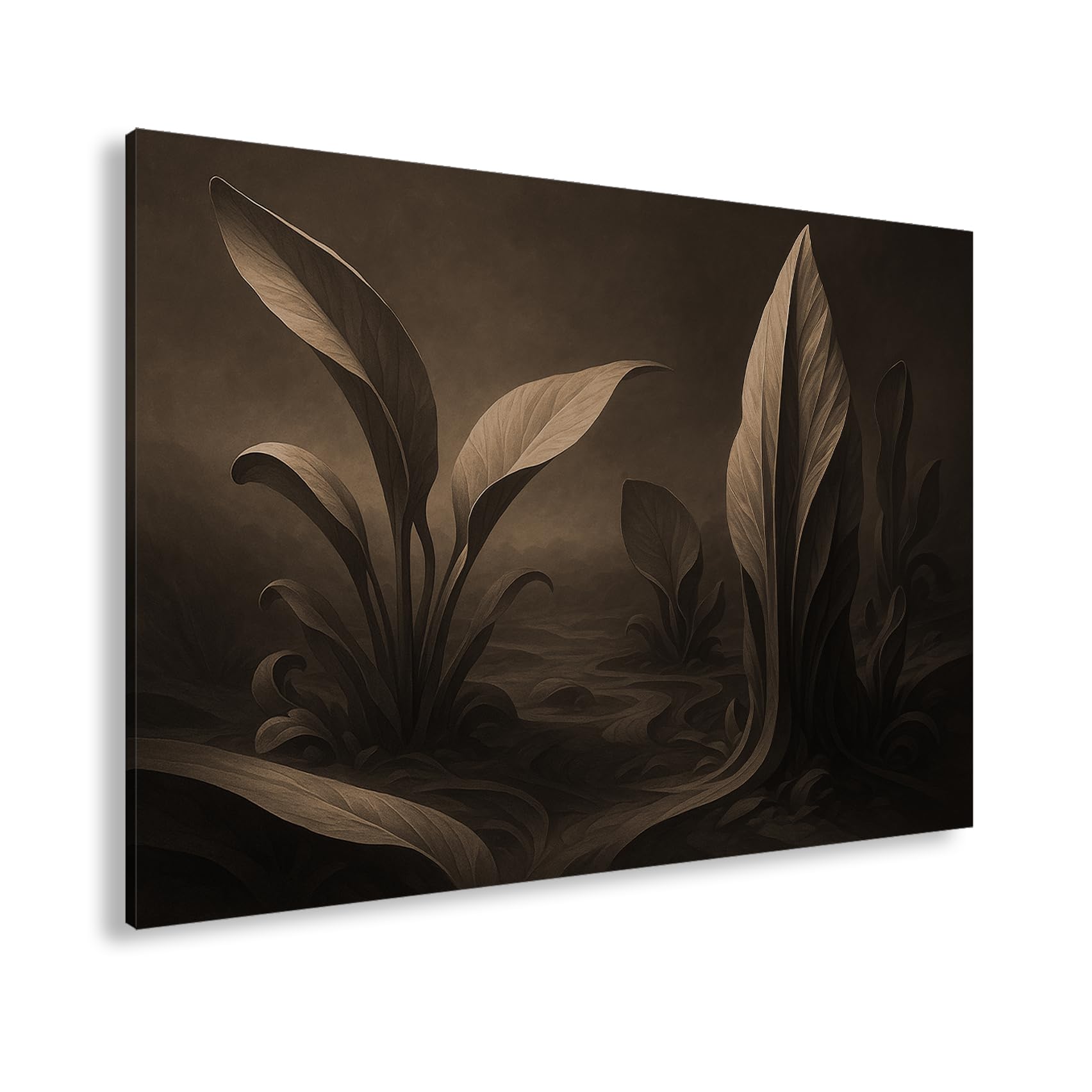 deyoli Obraz na płótnie ciemny las z dużymi liśćmi 100 x 70 cm Sepia