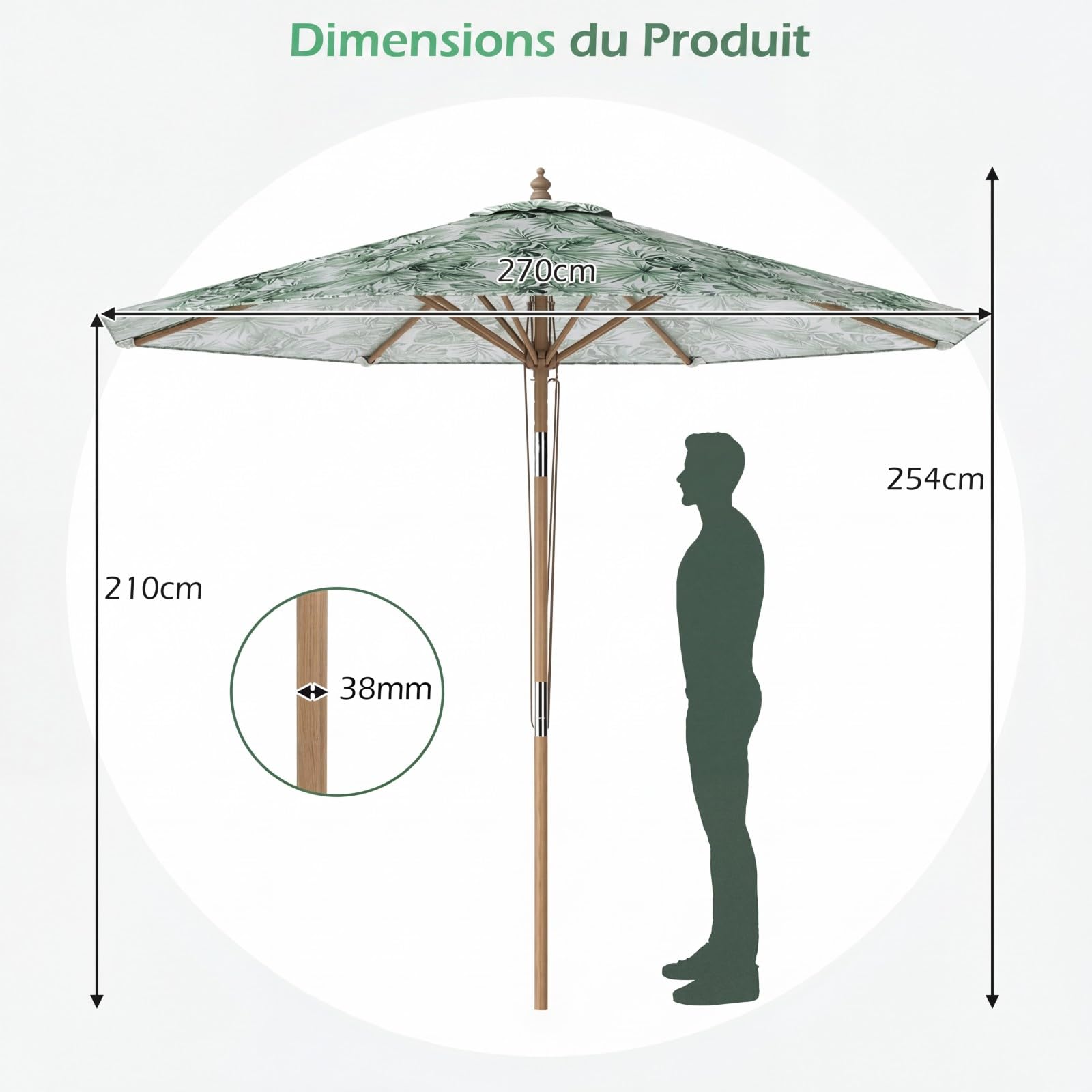 COSTWAY Parasol de Jardin Extérieur Φ270 CM, Parasol de Plage Inclinable sans Pied, 3 Hauteurs Réglables, 8 Baleines, Poteau en Bois, Toit Ventilé, pour Cour, Piscine, Terrasse, Balcon, Vert
