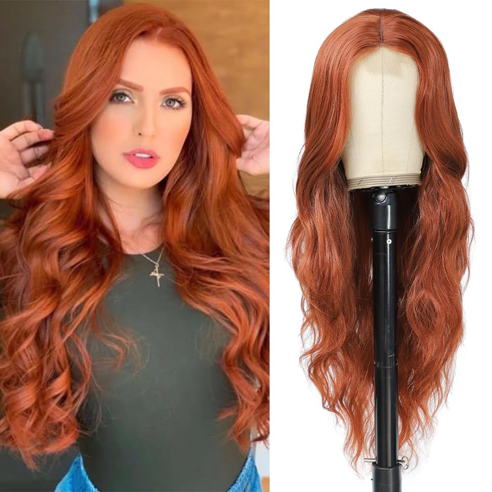 Long Wavy Wig with Lace Hairline 26 Inch Synthetic Heat Resistant Fibers Wig for Women Middle Part Curly Wigs for Daily Wear and Party Use (Auburn) Long Wavy Wig with Lace Hairline 26 Inch Synthetic Heat Resistant Fibers Wig for Women Middle Part Curly Wigs for Daily Wear and Party Use (Auburn)