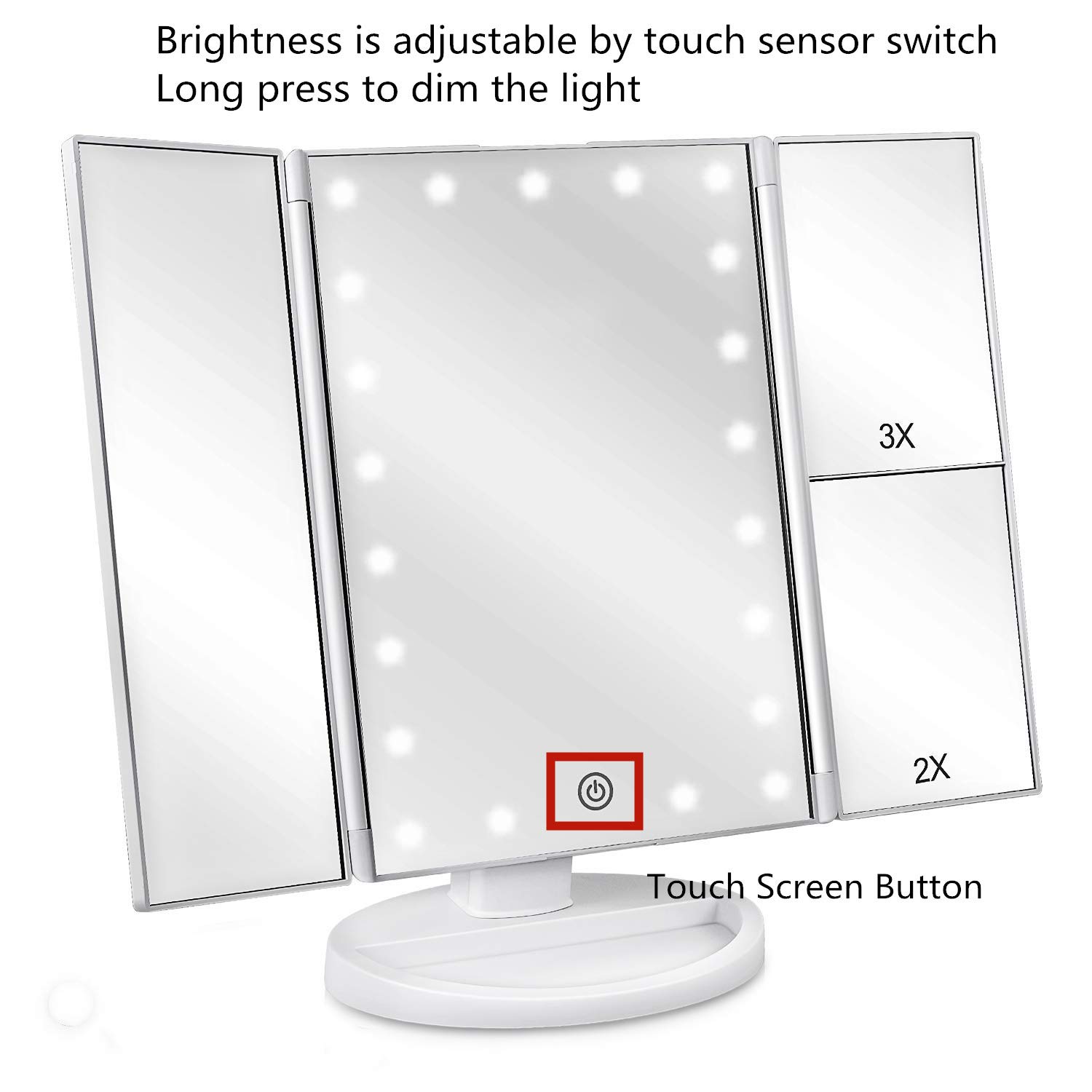 DEWEISN Specchio Trucco con Luci 21 LEDs, Specchio di Vanity Trifold Pieghevole Ruota di 180° Ingrandimento 1x / 2x / 3x Specchio per il Trucco Touchscreen Dimmerabile per Cura Della Pelle (Bianco)