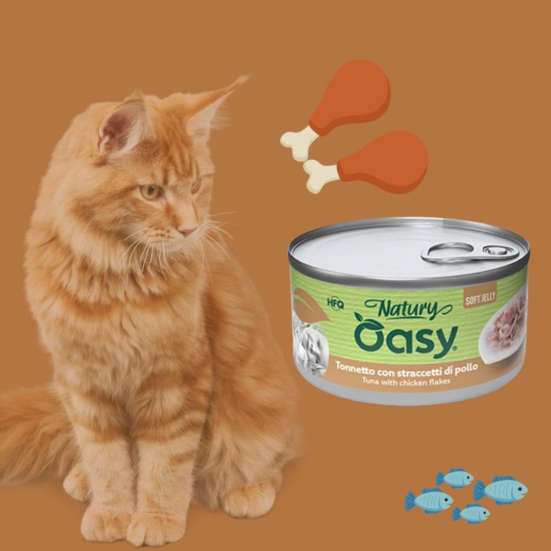 Oasy - Alimentos húmedos para gatos naturales con sabor a atún con trozos de pollo, suaves pelusas naturales de Soft Jelly para gatos adultos de todas las tallas y razas | 24 latas de 85 gramos cada
