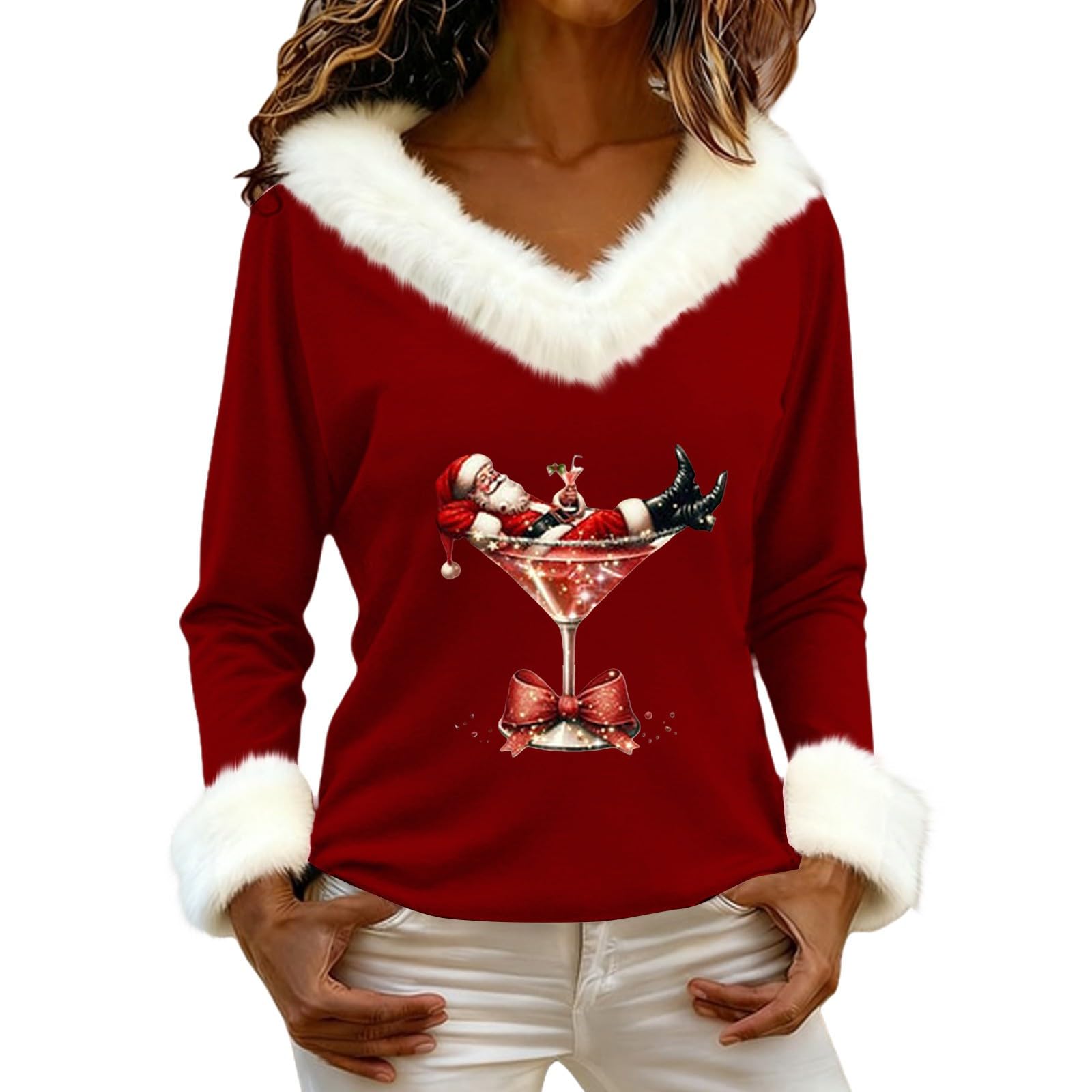 Funny Christmas Sweaters for Women Novelty Santa Claus Graphic Pullover Tops Cozy Fur Trim V Neck Fluffy Shirts