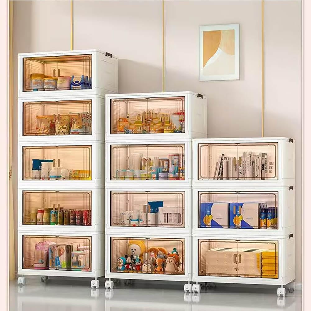 Scatola di archiviazione pieghevole con coperchio, scatola di archiviazione pieghevole con porta e ruote, scatola di archiviazione impilabile, scatola di stoccaggio del guardaroba in plastica