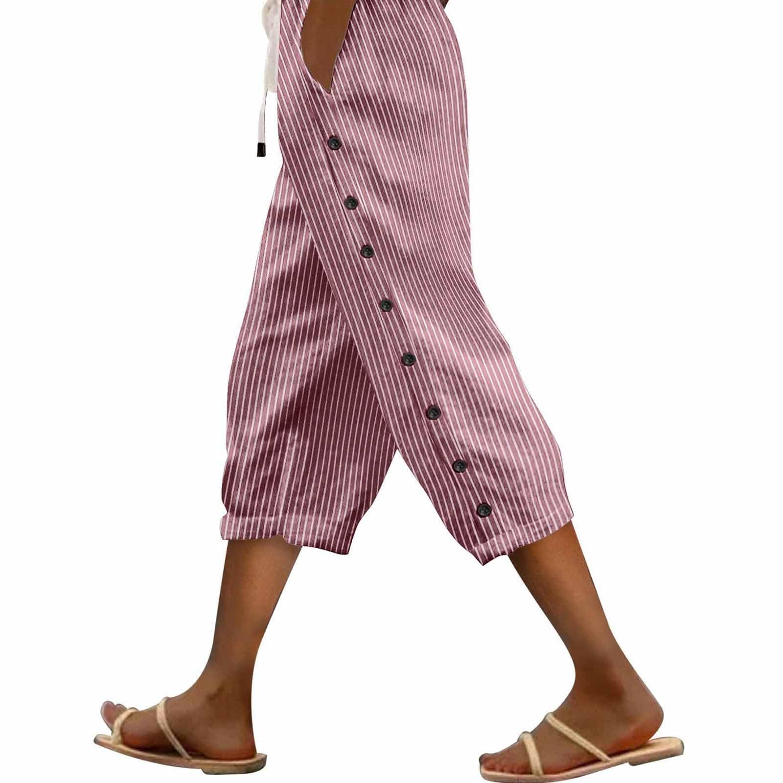 SHAOBGE Capri Linen Pants Women Casual Summer Drawstring Elastic High Waist Lightweight Pant Straight Wide Leg Cropped