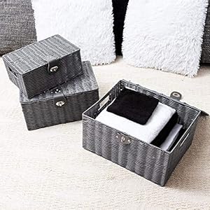 Set of 3 Woven Storage Basket Bin Wicker Hamper Stackable Box with Lid Lock Container Tote Cube Organizer for Nursery Baby Toiletry Diaper Toys Home Closet Laundry DVD Book Grey