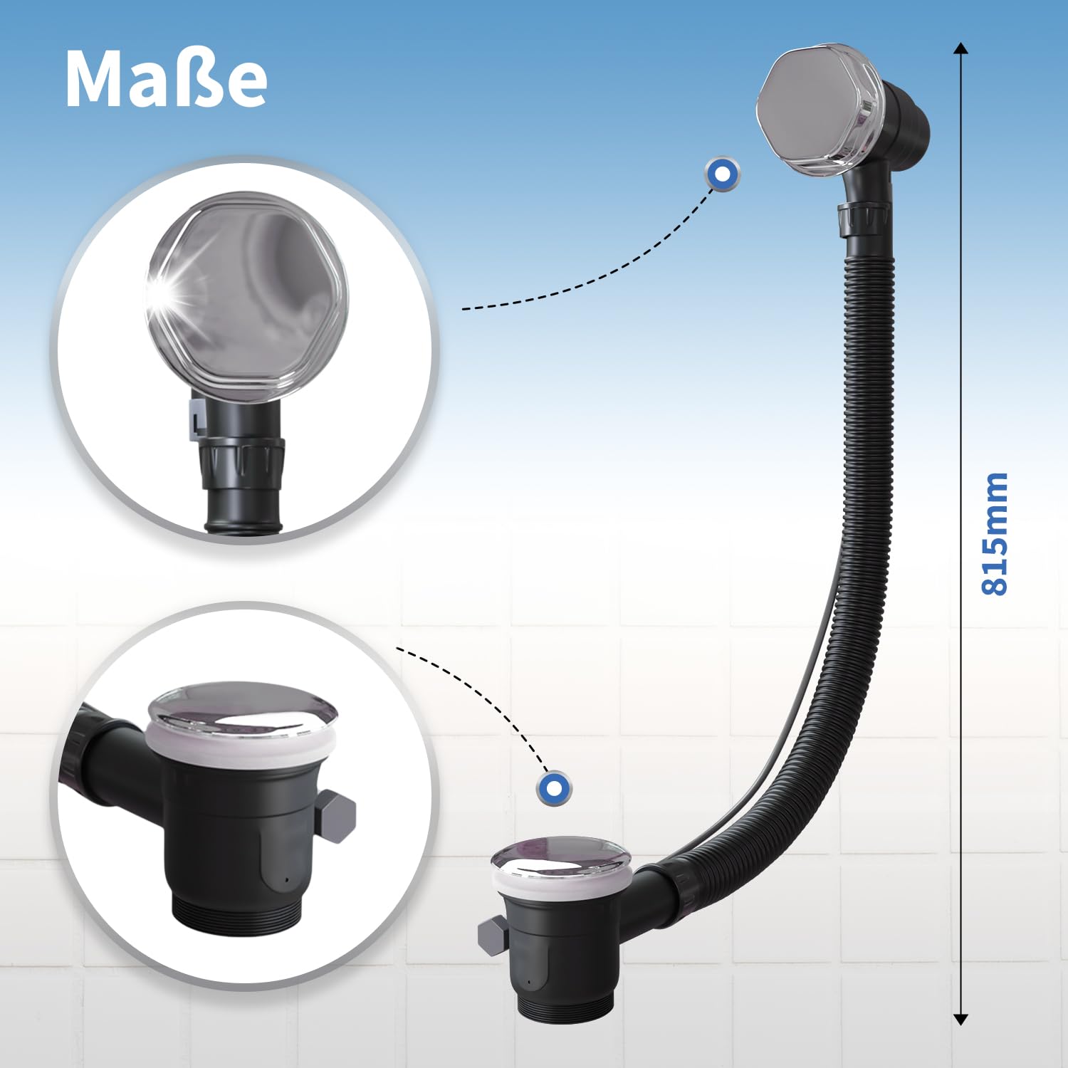 AQUADE Set completo de desagüe para bañera y rebosadero, diámetro 40/50 mm, cromado, desagüe para bañera, función Pop Up con tapón de olor excéntrico y cubierta de rebosadero de bañera