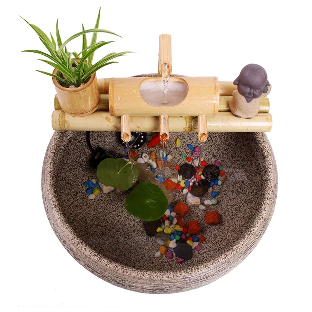 Bamboo Garden Zen Fontaine d'eau avec Pompe, intérieur/extérieur Ornements, 7,8 Pouces Base Ronde Plat, Lisse Split-résistant Bambou, Container Inclus