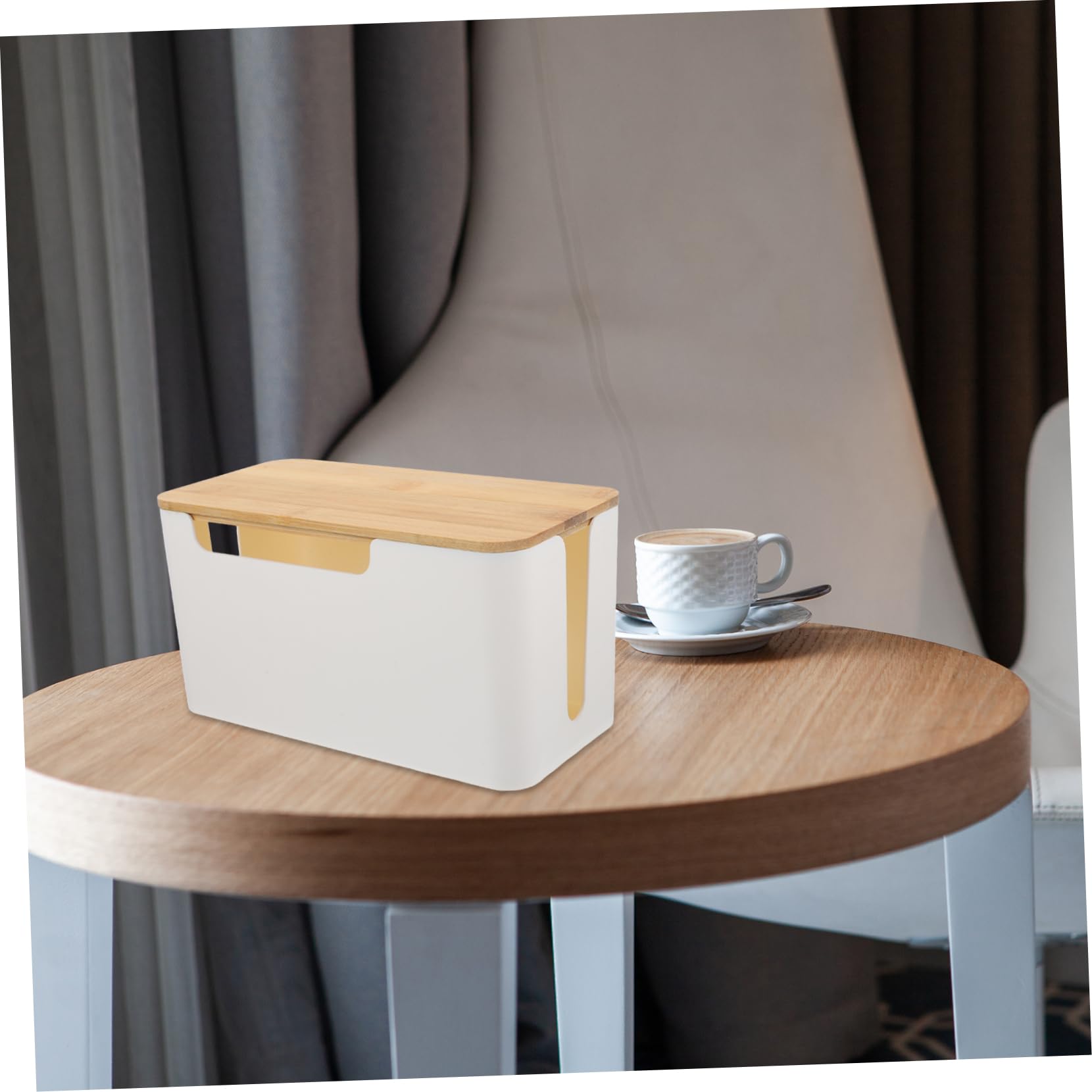 Kabelmanagementbox 2 Stück mit Bambusdeckel Weiß für Schreibtisch