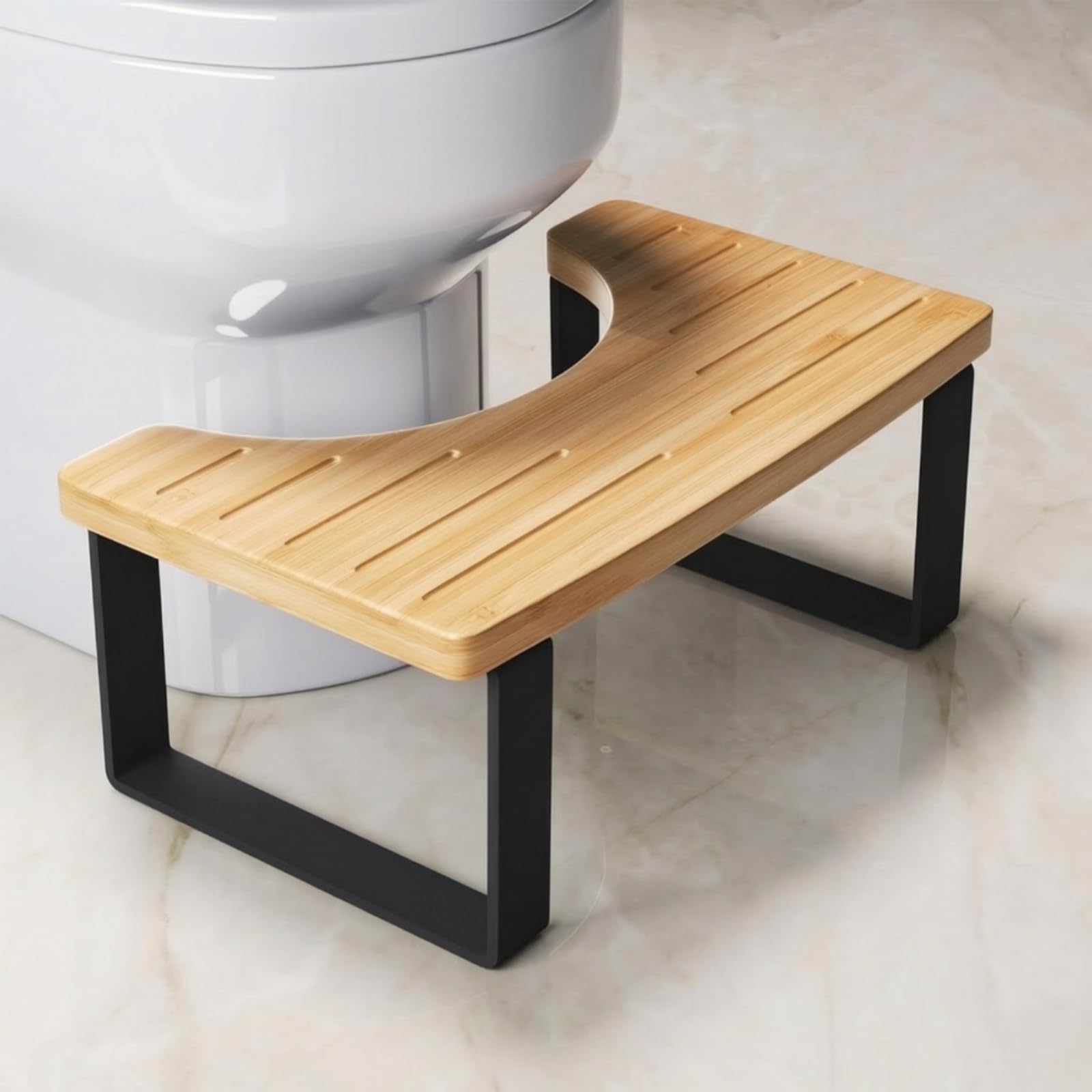 predolo Sgabello Bagno Poggiapiedi Sedia Pedana WC con Top Bambù Curvo Base Metallo Stabile Profilo Sottile Salvaspazio Scanalature Lunghe Foro Centrale per, Nero