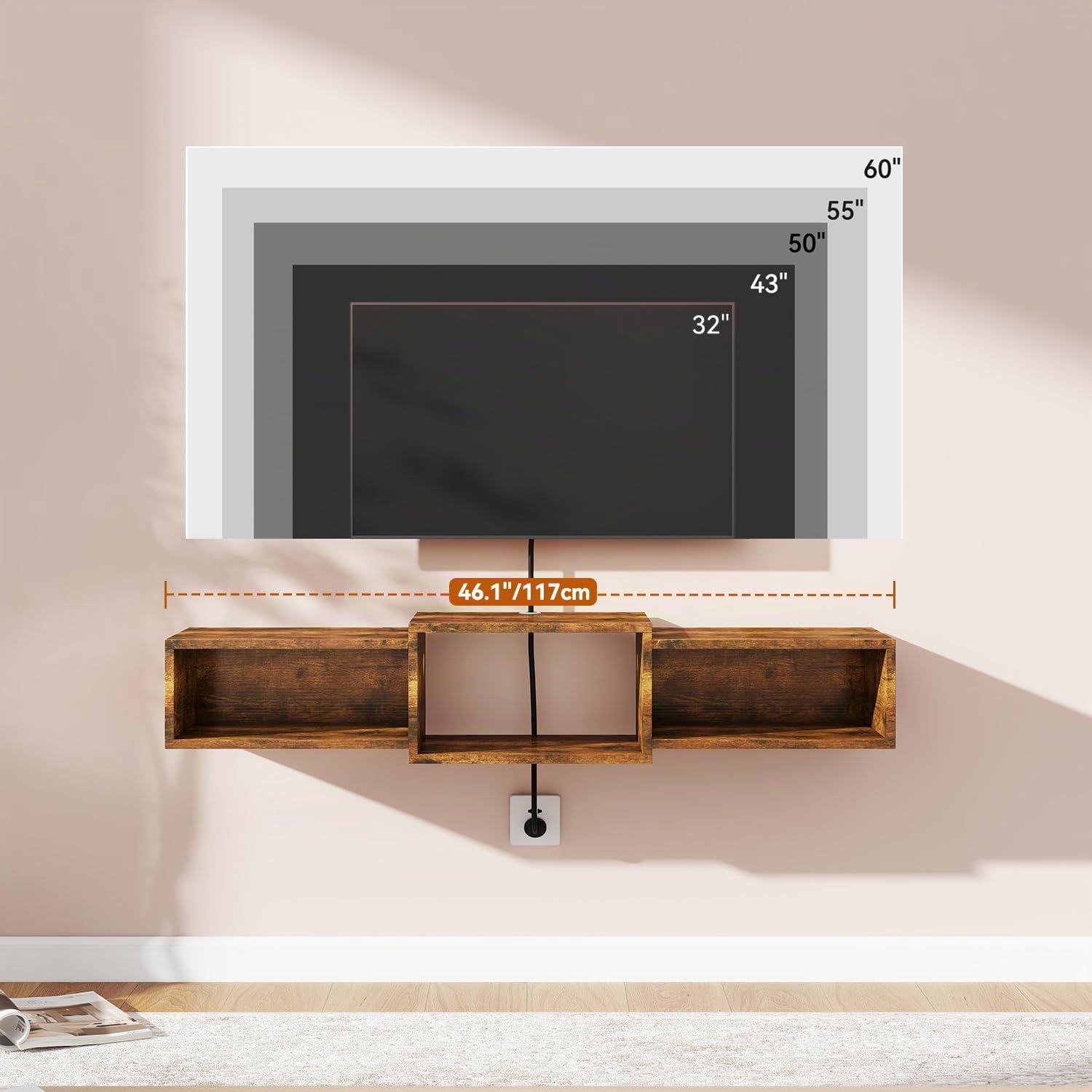 IBUYKE Flotante Mueble de TV Montado en La Pared, Mesa Televisión Multimedia de Madera para, Mueble Flotante para TV Debajo del Televisor para Salón, Dormitorio u Oficina, Marrón WST013H