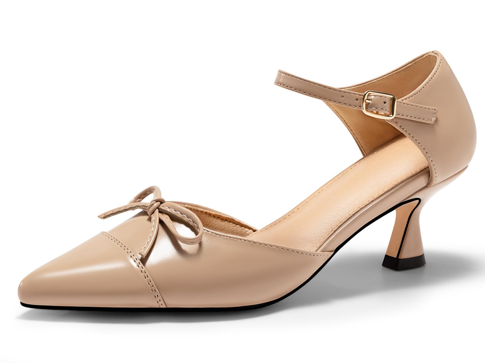Coutgo Womens Bow Kitten Heels Low Heel Dress Shoes Closed Pointed Toe Ankle Strap D'Orsay Pumps