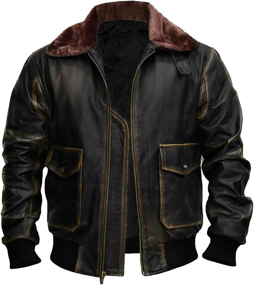 G-1 Fur Bomber Jacket Men - US Military Aviator WWII Flight Pilot Vintage Leather Bomber Jacket