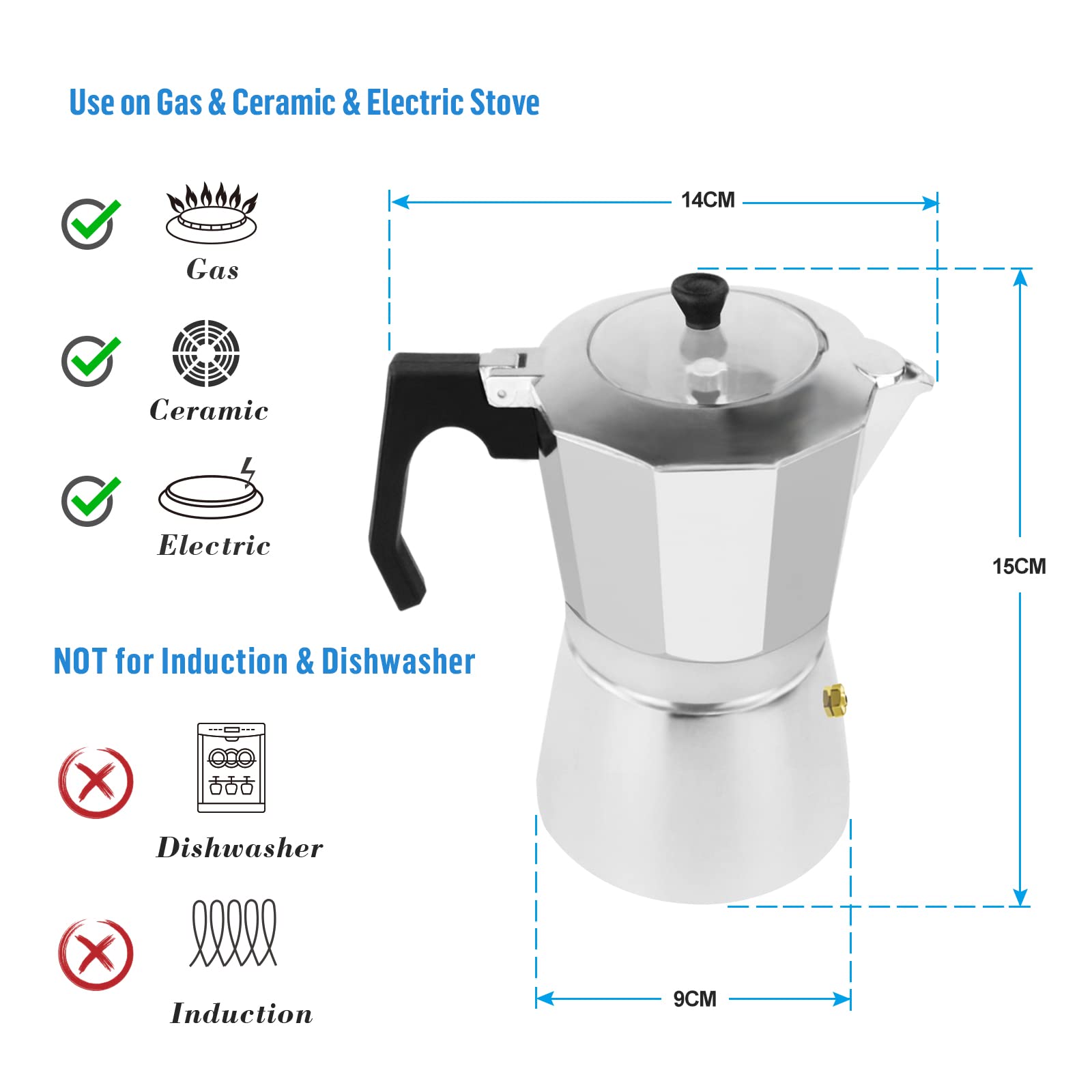 Machine à Expresso Moka + Plaque Chauffante 500W - 3 Tasses - Aluminium - Compatible Gaz, électrique, Vitrocéramique - Jerool - 13