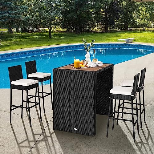 Image of DEVOKO 5 PCS Rattan Patio Bar Dining Set 4 Stackable Cushioned Chairs Wooden Tabletop for Poolside, Terrace, Garden (Black and Off-White)