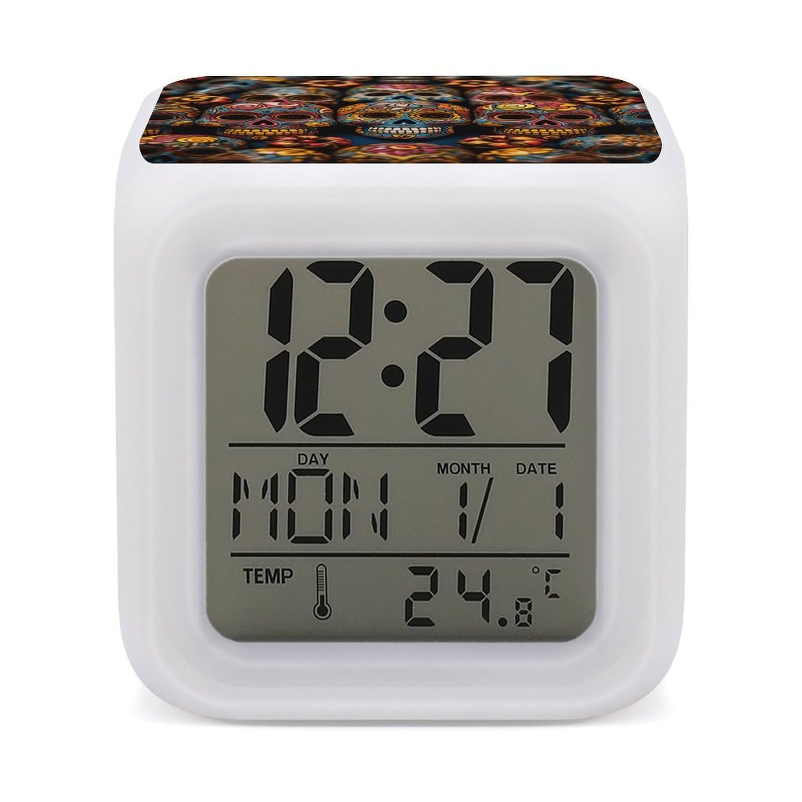 Reloj de calaveras de azúcar para decorar el dormitorio con luz nocturna multicolor