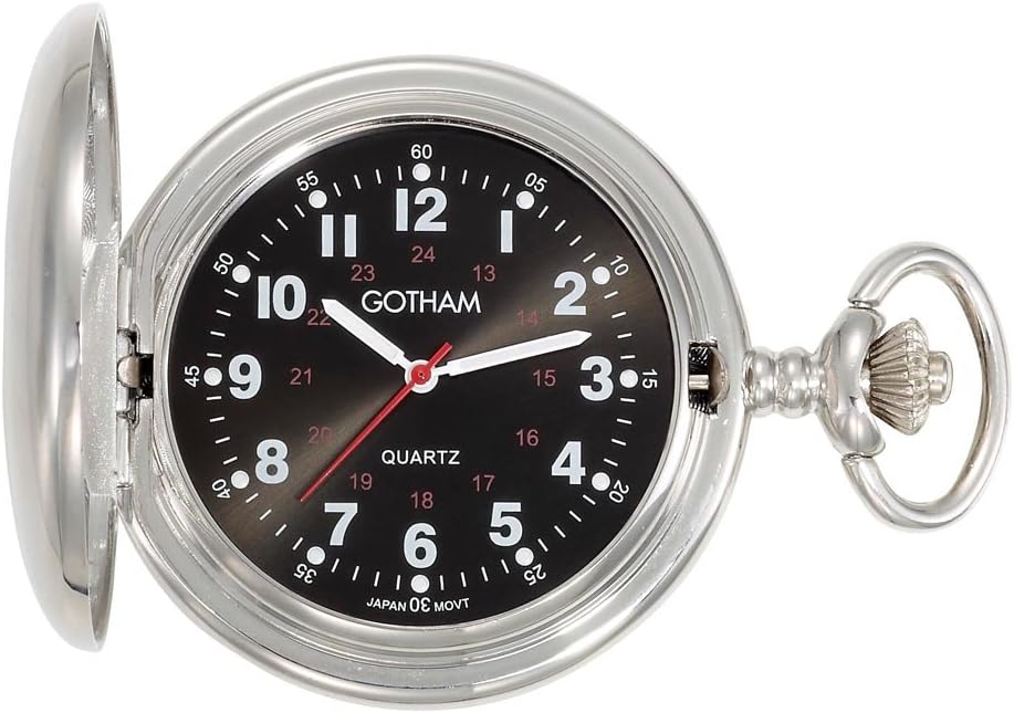 Men's Silver-Tone Black Dial Covered Quartz Pocket Watch # GWC15042SB