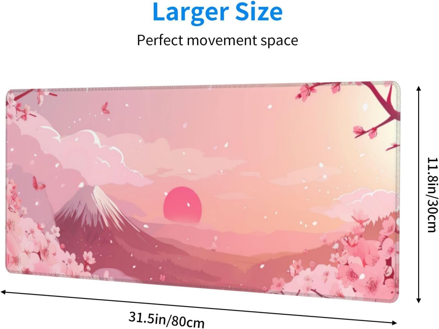 Japanese Cherry Blossom Gaming Mouse Pad 31.5x12in Pink Full Desk Japanese Mount Fuji Gaming Mouse Pad Large Non-Slip Rubber Base Waterproof Big Keyboard Mat with Stitched Edges for Gaming Office