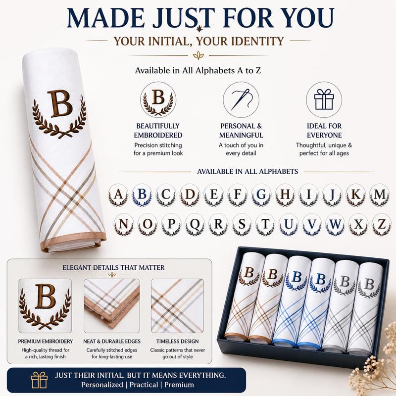 Image of GOLU MOLU Cotton White Formal Handkerchief Pack Of 6 | Office Travel Daily Use | Custom Initial Design | Free Size | Cotton Fabric | Customised N95 Mask Included
