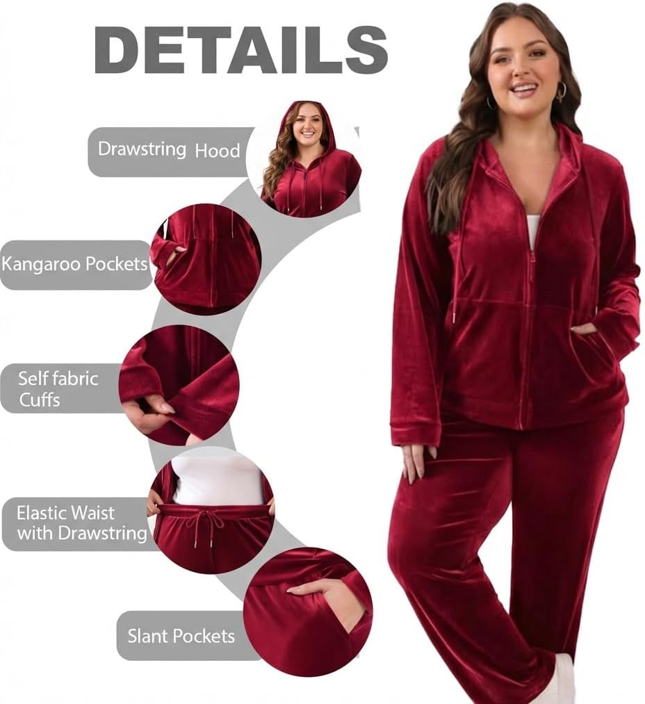 Women Plus Size Velour Tracksuit 2 Piece Set Velvet Sweatsuits Zip Up Hoodie & Straight Leg Pant Set Jogging Suit