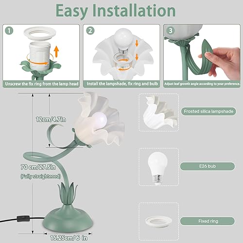 Miniatura 6 de Lámparas de mesita de noche para mujer, para dormitorio, bonita lámpara de escritorio de flores con cuello de cisne flexible ajustable, lámpara de