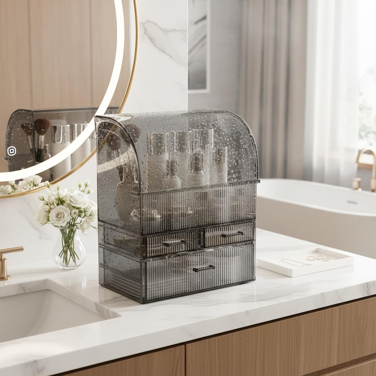 Kosmetische Aufbewahrungsorganisator, Acryl Make-up Organizer mit Deckel Staub wasserdicht, Hautpflege Kosmetik-Display Case mit 3 Schubladen für Schlafzimmer, Clear Schwarz (30 cm L x 17 cm B