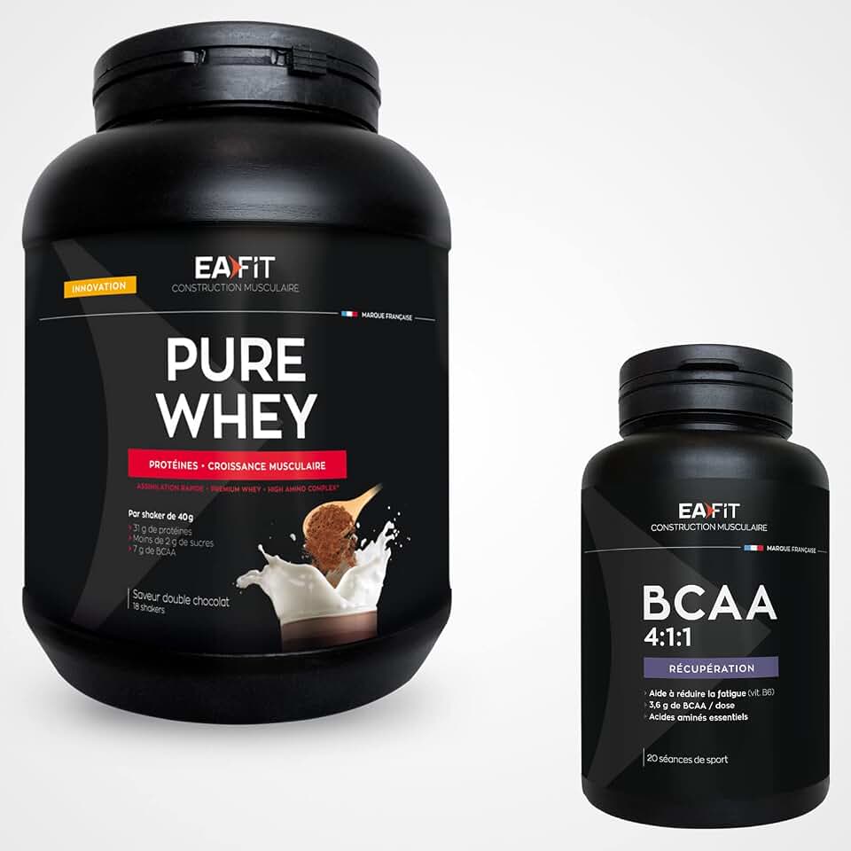 EAFIT | LOT Récupération Musculaire| Pure whey double chocolat 750g & BCAA | Prise de muscle | Reduction de la fatigue | Acide aminés essentiels Comprimés | Anti-Dopage | Made in France