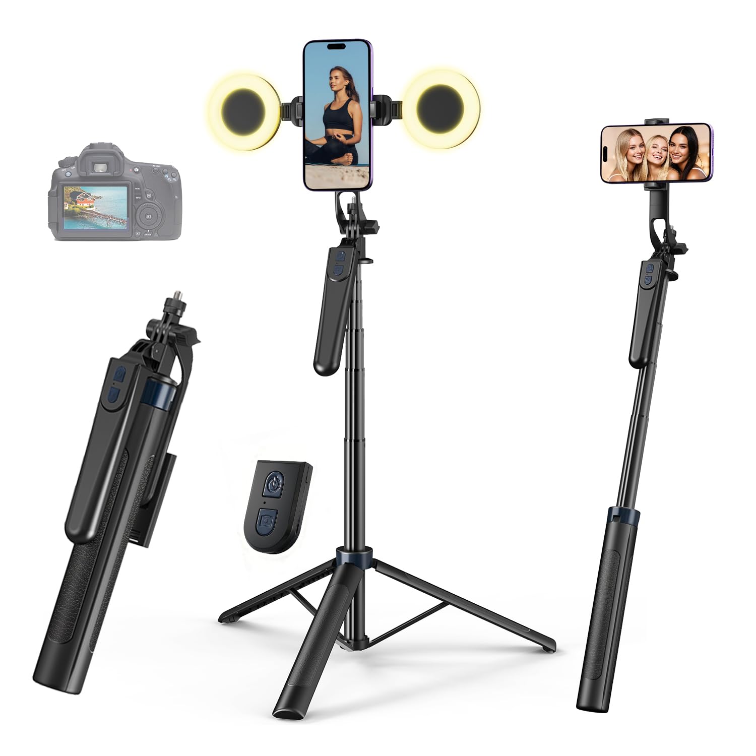 yAyusi 180cm Treppiede Smartphone Selfie Stick Estensibile con Luce, Trepiedi per iPhone con Telecomando, 360° Trepiedi per Telefono con Morsetto per Telefono per Video/Streaming Live/Vlog