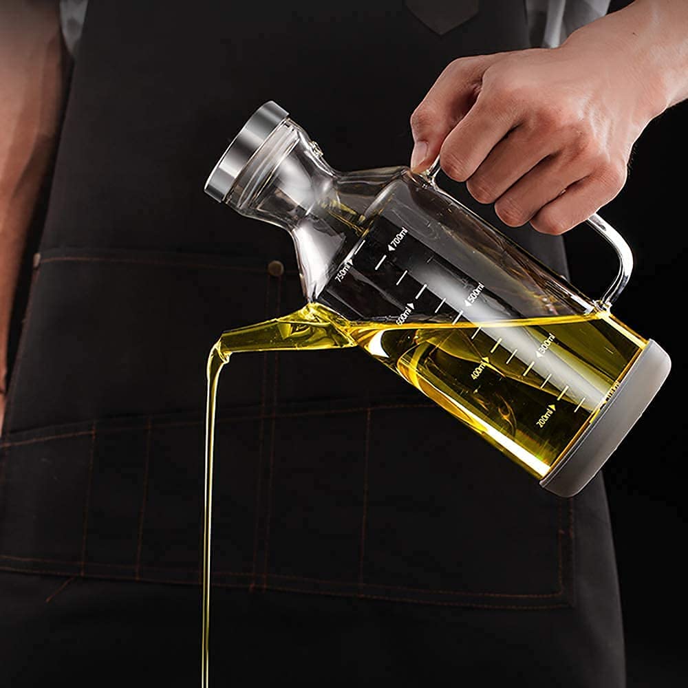 Dispenser per Olio e aceto in Vetro di qualità Superiore, Moderno Dispenser per Olio d'oliva con Coperchio Antipolvere e Contenitore per Salsa di soia a Prova di perdite (750 ml)