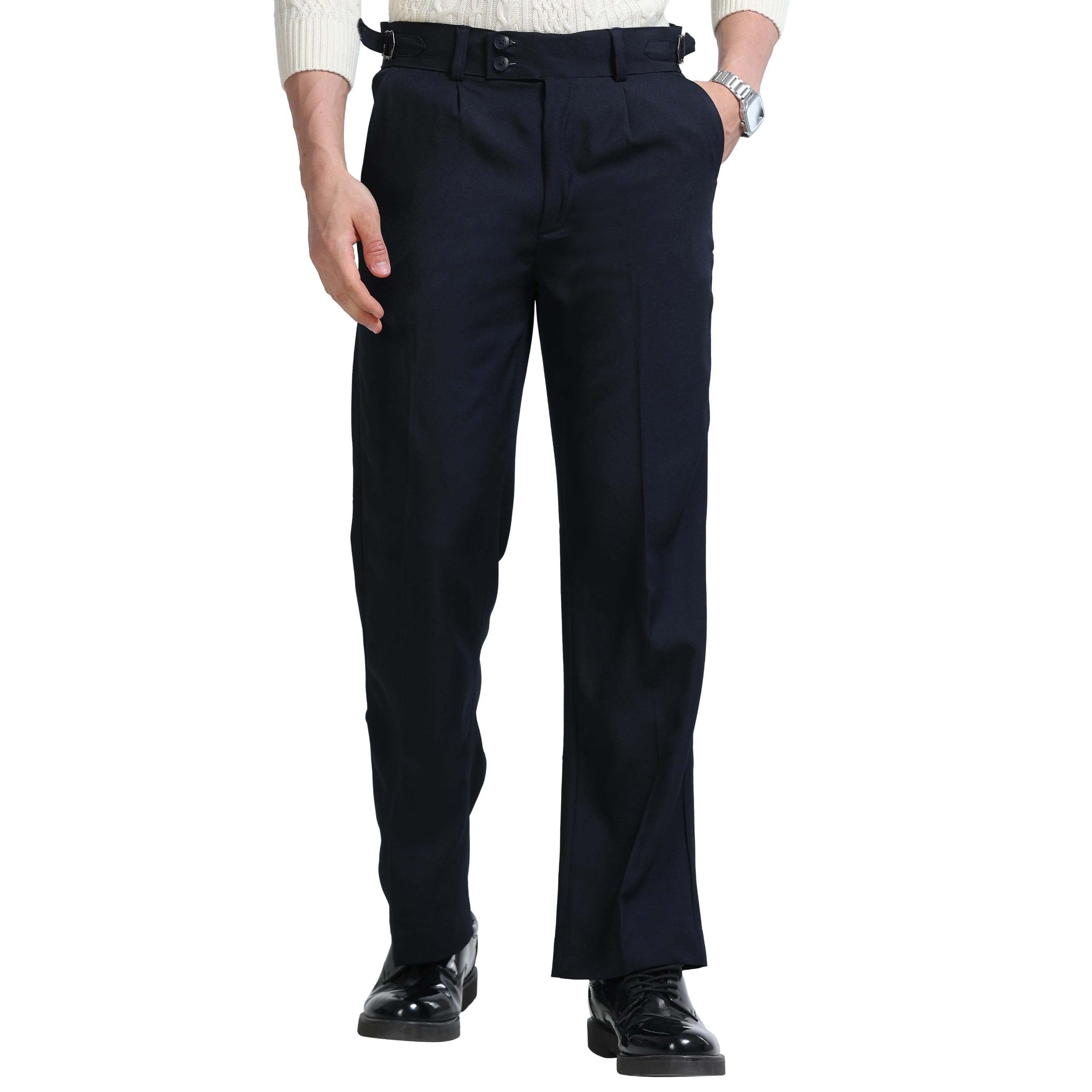 Men's Gurkha Style Formal Trousers | Double Button Waist | Side Adjuster | Pleated Straight Fit Office & Party Pants | Beige-picture-37