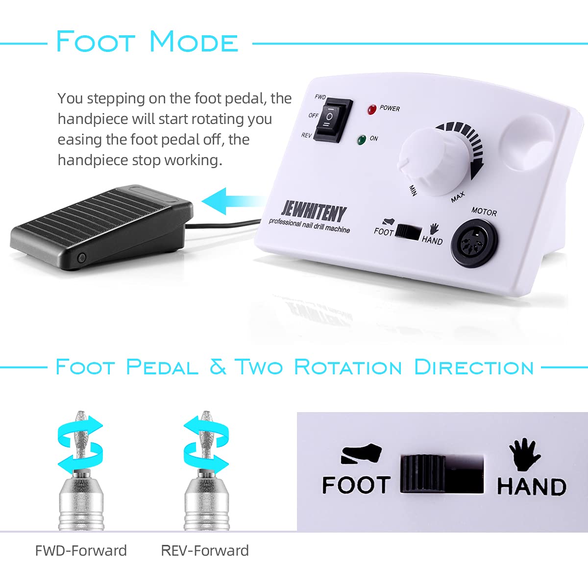 JEWHITENY Professional Nail Drill Machine 30000RPM Light Electric Acrylic Nail File Kits for Remove Nail Gel Polish Nail Drills for Acrylic Nails Design for Home Salon Use 110-240V(White)