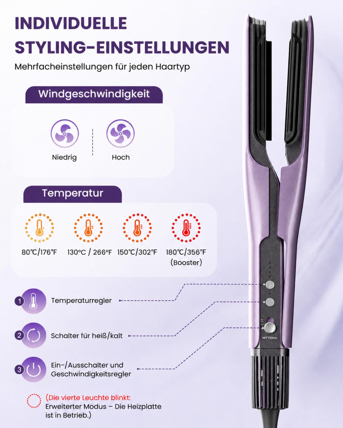 HITTIONA Air Haarglätter Föhn 3 in 1, Nass-zu-Trocken Glätteisen | mit Föhndüse & Volumenbürste, schnelles Trocknen, Glätten & Volumenstyling, 4 Temperaturmodi, Booster-Modus für Dickes Haar
