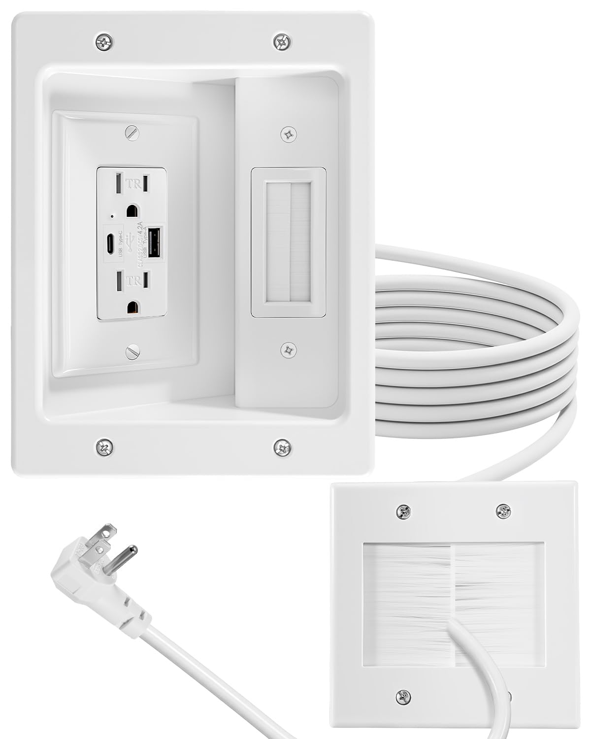TV Cord Hider for Wall Mounted TV with Recessed Wall Outlet, USB Ports, in-Wall Cable Management Kit, DIY Installation Kit with Hardware