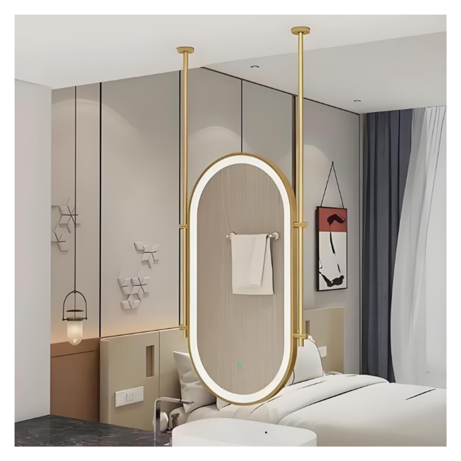 MESOVFCA Oval Ceiling-Mounted Mirror with LED Lighting and Dimmable in Three Colors, Suitable for Entryways, Cloakrooms, Home Decor(Gold,50x100cm)