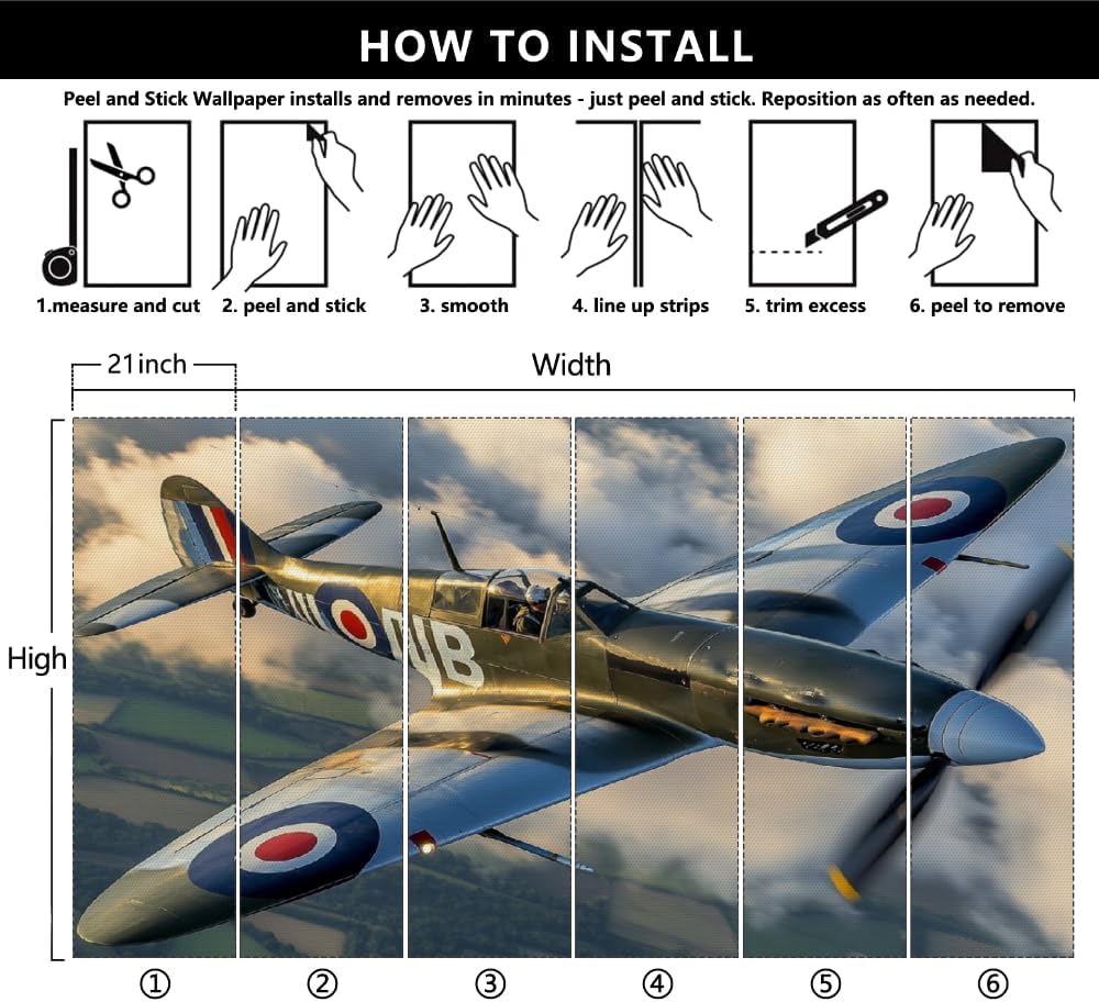 Airplane 3D Wall Mural Wallpaper Bomber Removable Self-Adhesive Wallpaper Wall Decoration for Bedroom Living Room -78.7 in x 55.2 in