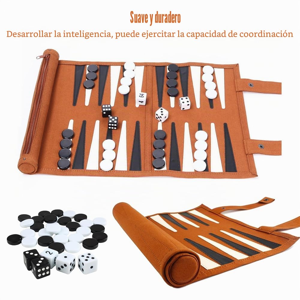 Backgammon de Cuero, Backgammon Viaje, Juego de Back Gammon Clásico, Incluye Accesorios de Piezas de Ajedrez, Back Gammon Enrollable para Viajes y Viajes, 25x35cm (Moca)