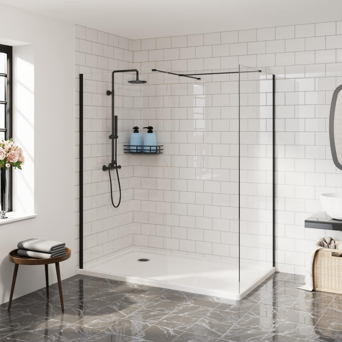 Aquariss Matte Black Walk In Shower Enclosure 900Mm + 800Mm Black