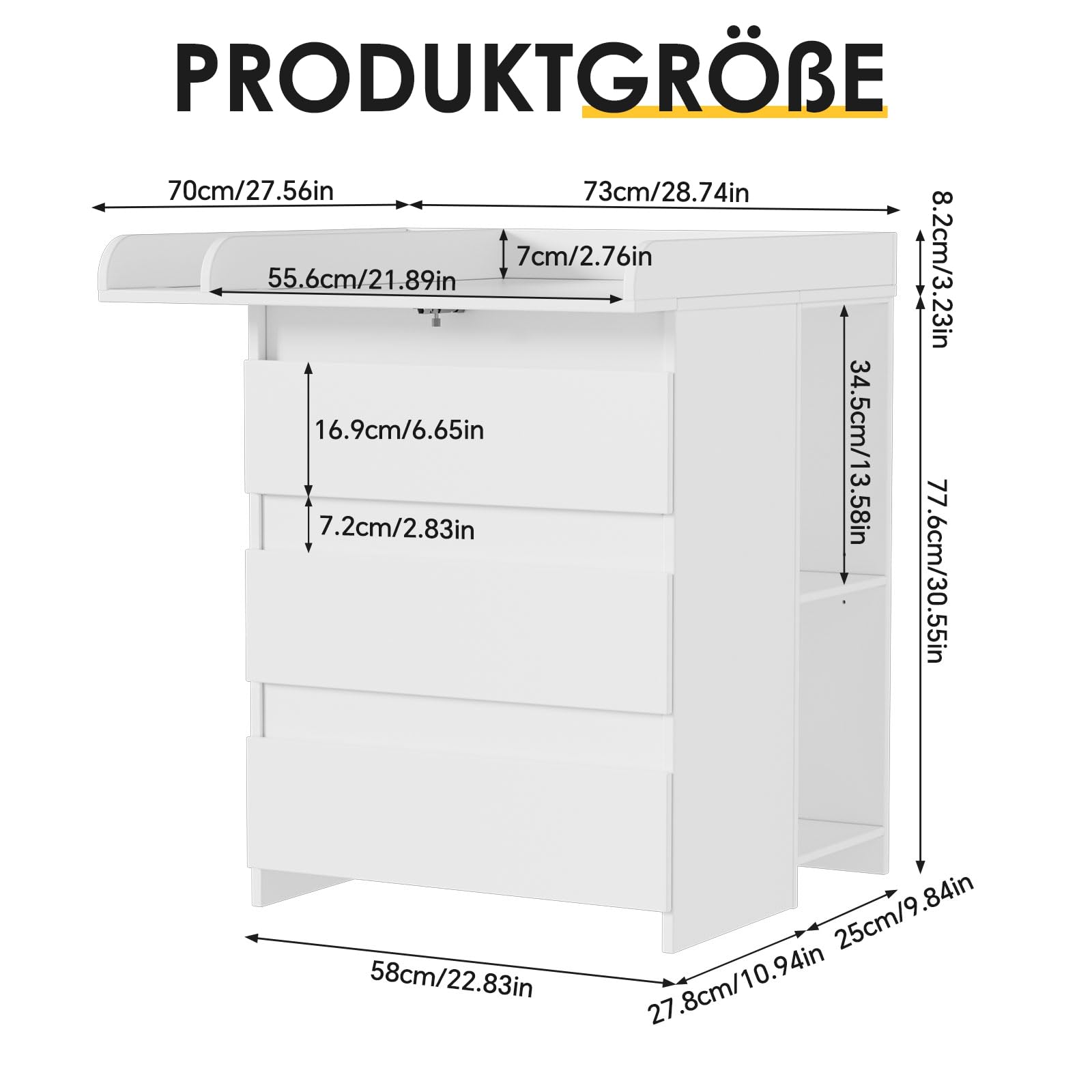 2-in-1 Wickelkommode mit abnehmbarem Wickelaufsatz,Baby Wickeltisch Weiß, Kommode mit 3 Schubladen & 6 Seitlichen Regalen, Viel Stauraum für Babyzimmer,73x70x85.8.6cm,Weiß