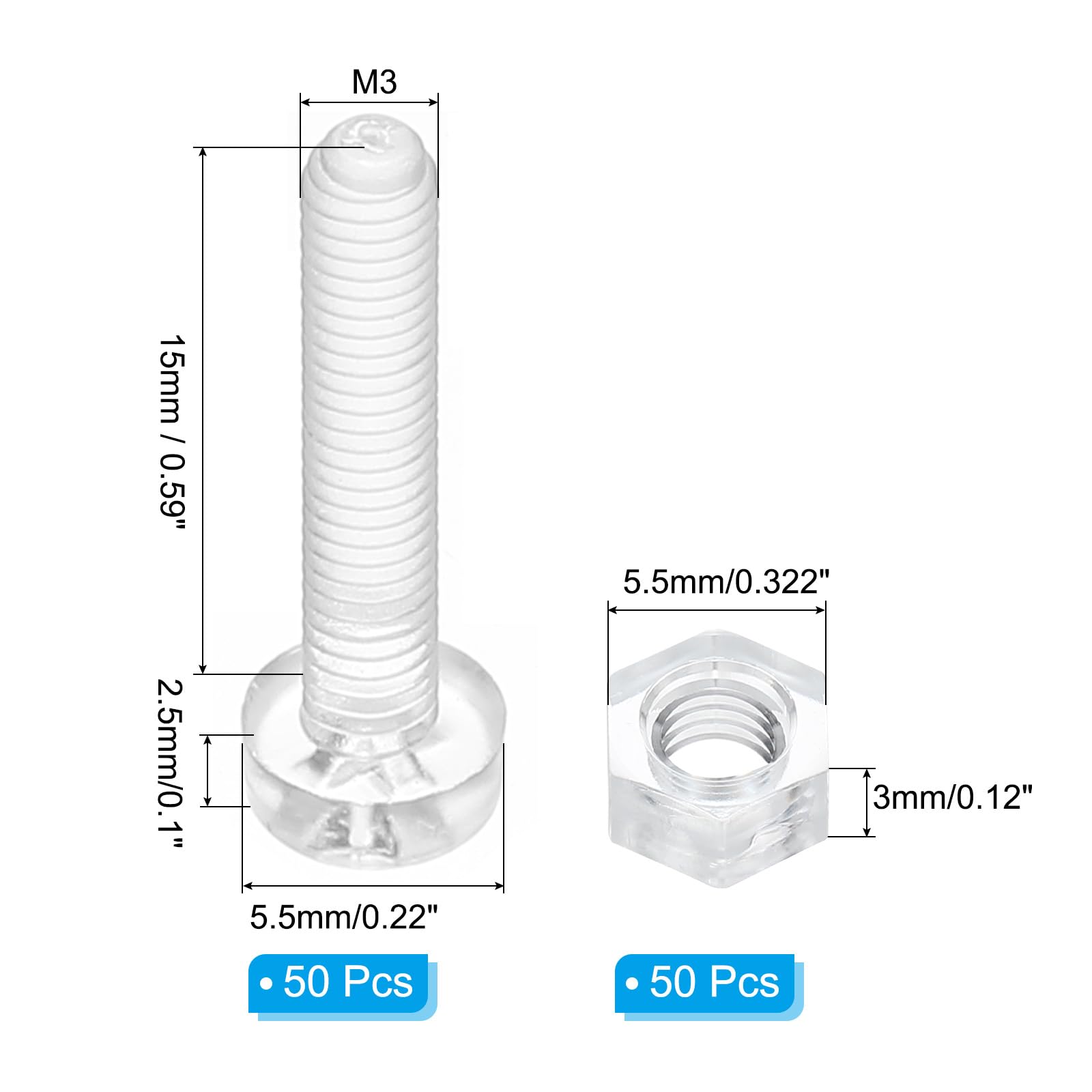 PATIKIL M3x15mm Clear Acrylic Screws and Hex Nuts Kit, 50 Set PC Plastic Phillips Round Head Bolts for Machine Accessories Transparent - Image 2