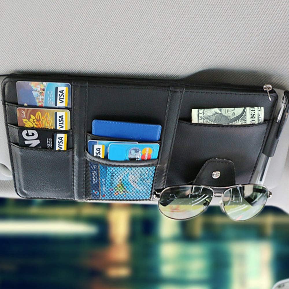 PU Leather Car Sun Visor Organizer Bag Multi-Function Car Space Hanging Card Phone Storage Pouch Holder with Zipper Card Slots Sunglass Clip, Black