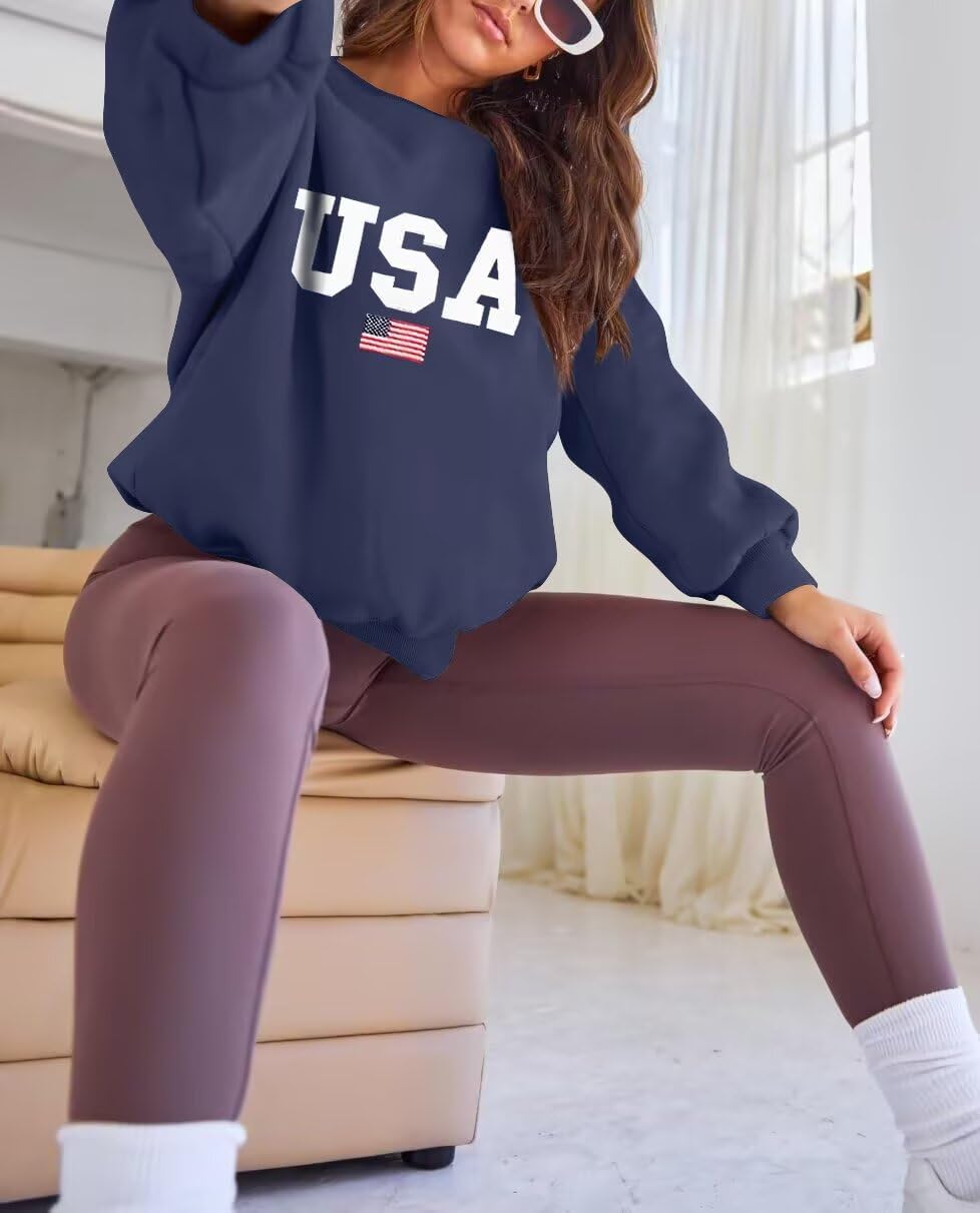 Dressmine Womens Oversized USA Sweatshirt Fleece Long Sleeve Pullover American Flag Crewneck Sweater Graphic Hoodies - Image 2