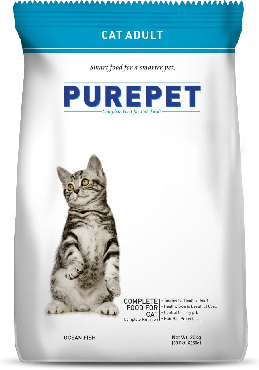 Purepet Adult Dry Cat Food 20kg | Ocean Fish Flavour | Prebiotics and Probiotics Improve the Digestive System | Taurine for Healthy Heart | Control Urinary Ph | Hair Ball Protection