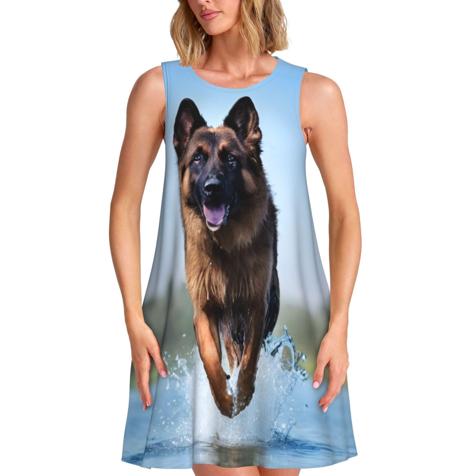 German Shepherd Dog Women's Sleeveless Dresses Summer Crew Neck Swing Tank Dress - Women Casual Ladies Dress Beach Sundress with Pockets